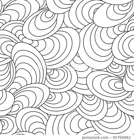 Vector seamless geometric pattern of arches and circles drawn with thin lines in doodle style. Vector seamless black linear pattern ripples or waves. 95768962