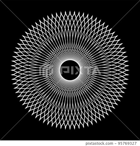 Abstract Circle Radial White Lacy Pattern on Black Background. 95769327