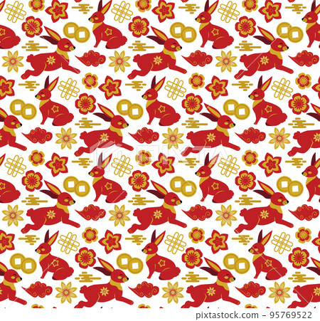 Happy Chinese New Year seamless pattern, year of the black rabbit 2023 endless texture, background. 95769522