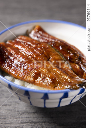 Delicious eel bowl topped with two pieces of eel 95769544
