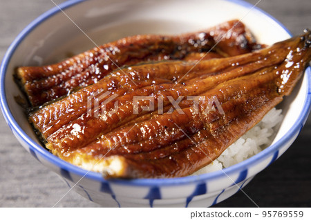 Delicious eel bowl topped with two pieces of eel 95769559