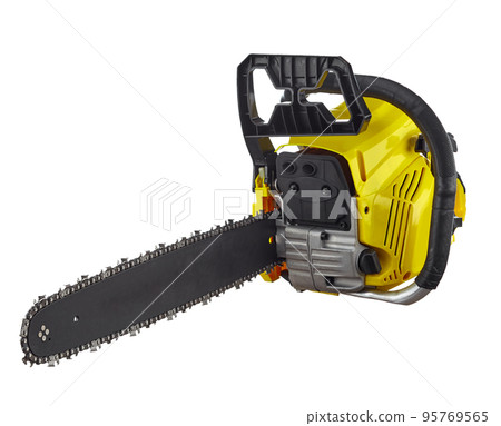Manual powerful chainsaw in yellow and black colors, with a medium-sized cutting chain, isolated on a white background. 95769565