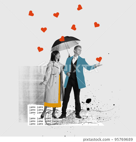 Young couple in love stranding on abstract background with drawings. Bright contemporary art collage or creative design. Art, fashion and music. Ideas, relationship, vintage, retro style 95769689