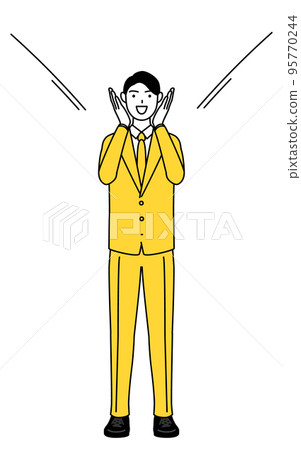 A simple line drawing illustration of a businessman in a suit who puts his hand on his mouth and calls 95770244