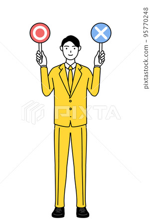 A simple line drawing illustration of a businessman in a suit holding a stick showing correct and incorrect answers 95770248