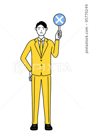 A simple line drawing illustration of a businessman in a suit holding a cross stick indicating an incorrect answer A simple line drawing illustration of a businessman in a suit holding a cross stick indicating an incorrect answer 95770249