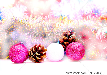 Christmas cones balls, Christmas tree rain covered with snow. space for text Christmas cones balls, Christmas tree rain covered with snow. space for text 95770330