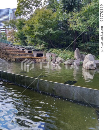Garden with pond and stream 95770539