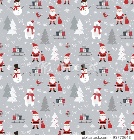 Christmas seamless pattern with Santa Claus, snowman, polar bear, sleigh with gift boxes, birds and christmas tree. 95770648