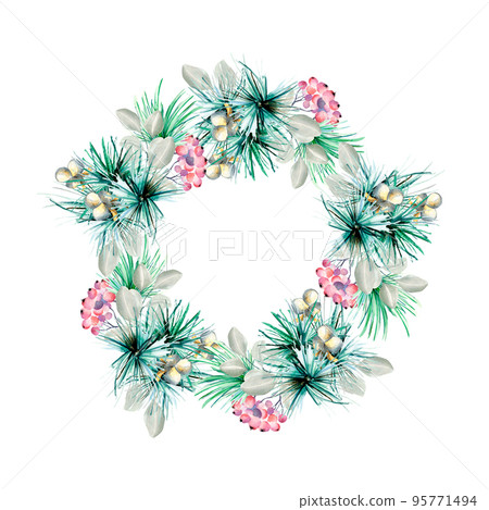 Wreath of winter plants and red berries watercolor illustration isolated on white. 95771494