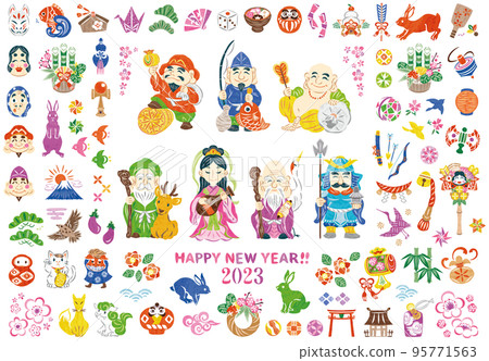 2023 兔年新年賀卡材料，如七幸運神、元旦、幸運符圖標插圖集 95771563