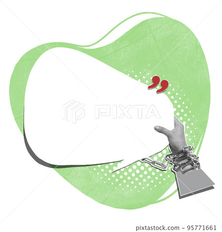 Contemporary surreal collage. Human hands holding or touching empty white speech bubble with copy space for ad, text over light background Contemporary surreal collage. Human hands holding or touching empty white speech bubble with copy space for ad, text over light background 95771661