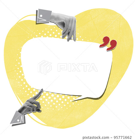 Design for promotion, advertising, ideas, product and offers. Bw hands with white empty speech bubble over light background. Contemporary art collage. Design for promotion, advertising, ideas, product and offers. Bw hands with white empty speech bubble over light background. Contemporary art collage. 95771662