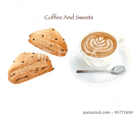 咖啡廳-巧克力烤餅和拿鐵咖啡的插圖-手繪材料 95771699
