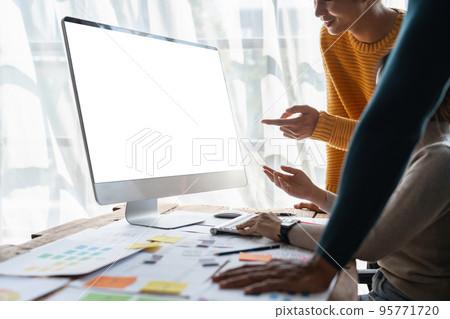 Group of ux developer and ui designer brainstorming about app interface design at modern office. Creative digital development agency 95771720