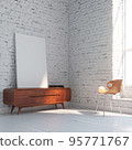 White loft room interior with mid century style commode and chair 3d render. 95771767