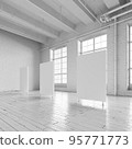 White loft hall interior with frames for exhibition 3d render. 95771773
