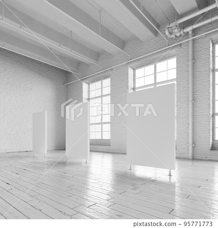 White loft hall interior with frames for exhibition 3d render. 95771773