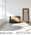 White loft interior with vintage commode and floor mirror frame 3d render. 95771776