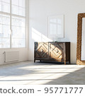 White loft interior with vintage commode and floor mirror frame 3d render. 95771777