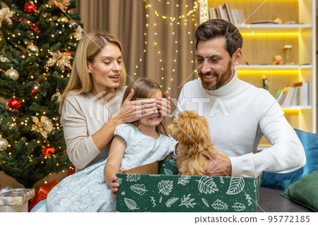 Christmas gift surprise. Parents gave their daughter a small dog for the New Year. Dad holds a box with a gift, mom closes the child's eyes. They are sitting at home near the Christmas tree. 95772185