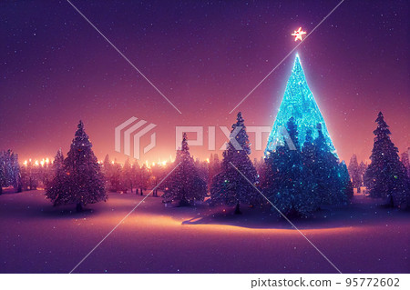Winter christmas landscape. Magical fairy light. Christmas tree. Winter starry sky Winter christmas landscape. Magical fairy light. Christmas tree. Winter starry sky 95772602