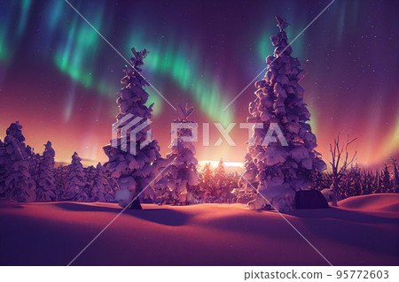 Winter christmas landscape. Magical fairy light. Christmas tree. Winter starry sky Winter christmas landscape. Magical fairy light. Christmas tree. Winter starry sky 95772603