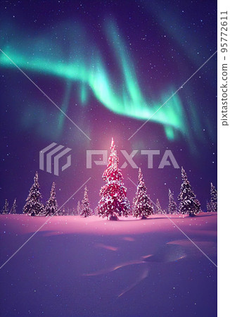 Winter christmas landscape. Magical fairy light. Christmas tree. Winter starry sky Winter christmas landscape. Magical fairy light. Christmas tree. Winter starry sky 95772611