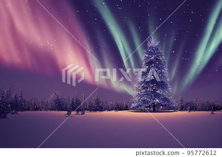 Winter christmas landscape. Magical fairy light. Christmas tree. Winter starry sky Winter christmas landscape. Magical fairy light. Christmas tree. Winter starry sky 95772612