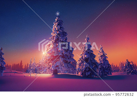 Winter christmas landscape. Magical fairy light. Christmas tree. Winter starry sky 95772632