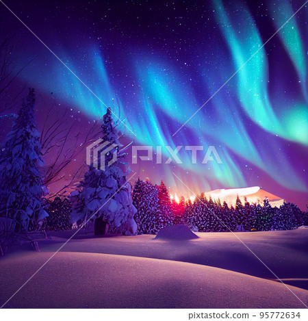 Winter christmas landscape. Magical fairy light. Christmas tree. Winter starry sky Winter christmas landscape. Magical fairy light. Christmas tree. Winter starry sky 95772634