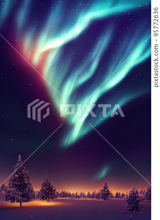 Winter christmas landscape. Magical fairy light. Christmas tree. Winter starry sky Winter christmas landscape. Magical fairy light. Christmas tree. Winter starry sky 95772636