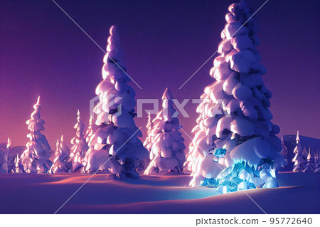 Winter christmas landscape. Magical fairy light. Christmas tree. Winter starry sky Winter christmas landscape. Magical fairy light. Christmas tree. Winter starry sky 95772640