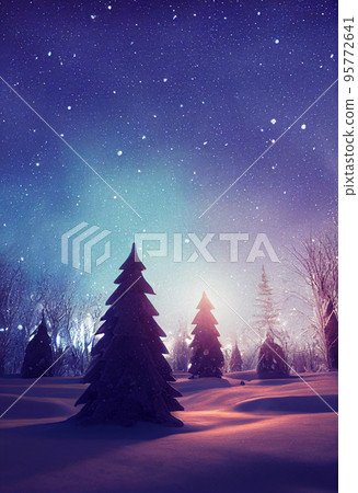 Winter christmas landscape. Magical fairy light. Christmas tree. Winter starry sky Winter christmas landscape. Magical fairy light. Christmas tree. Winter starry sky 95772641