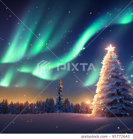 Winter christmas landscape. Magical fairy light. Christmas tree. Winter starry sky Winter christmas landscape. Magical fairy light. Christmas tree. Winter starry sky 95772643