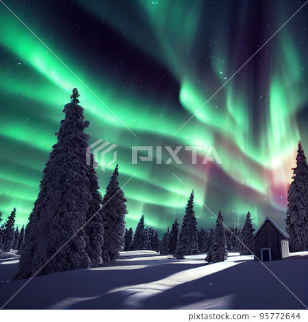 Winter christmas landscape. Magical fairy light. Christmas tree. Winter starry sky Winter christmas landscape. Magical fairy light. Christmas tree. Winter starry sky 95772644