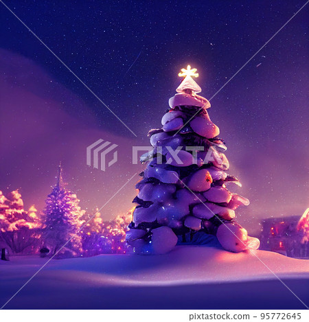 Winter christmas landscape. Magical fairy light. Christmas tree. Winter starry sky Winter christmas landscape. Magical fairy light. Christmas tree. Winter starry sky 95772645