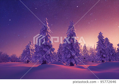 Winter christmas landscape. Magical fairy light. Christmas tree. Winter starry sky Winter christmas landscape. Magical fairy light. Christmas tree. Winter starry sky 95772646