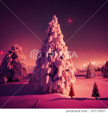 Winter christmas landscape. Magical fairy light. Christmas tree. Winter starry sky Winter christmas landscape. Magical fairy light. Christmas tree. Winter starry sky 95772647