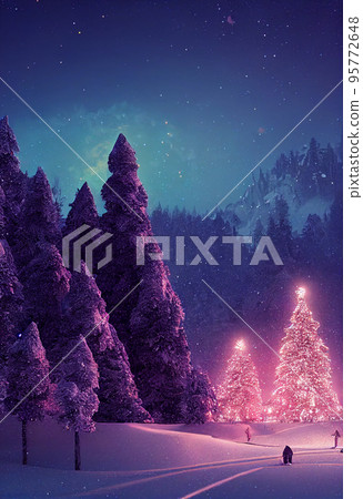 Winter christmas landscape. Magical fairy light. Christmas tree. Winter starry sky Winter christmas landscape. Magical fairy light. Christmas tree. Winter starry sky 95772648
