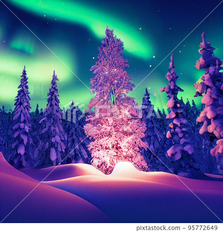 Winter christmas landscape. Magical fairy light. Christmas tree. Winter starry sky Winter christmas landscape. Magical fairy light. Christmas tree. Winter starry sky 95772649