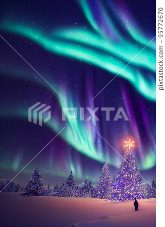 Winter christmas landscape. Magical fairy light. Christmas tree. Winter starry sky Winter christmas landscape. Magical fairy light. Christmas tree. Winter starry sky 95772670