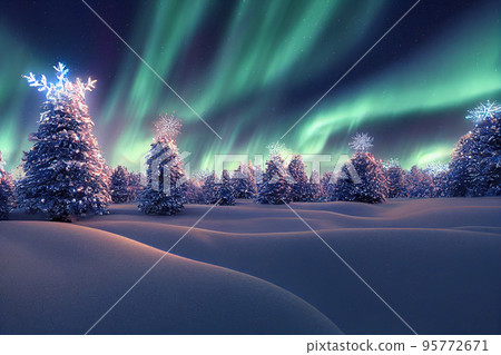Winter christmas landscape. Magical fairy light. Christmas tree. Winter starry sky 95772671