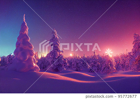 Winter christmas landscape. Magical fairy light. Christmas tree. Winter starry sky 95772677