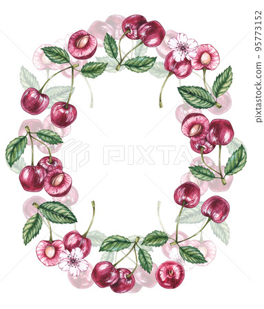 Watercolor cherry frame on a white background Watercolor cherry frame on a white background 95773152