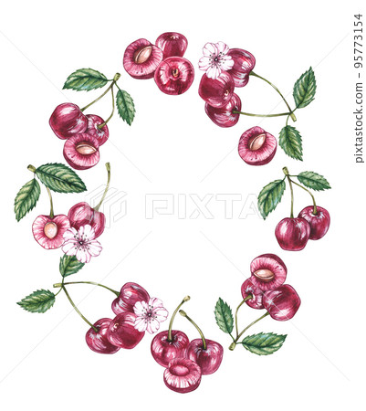 Watercolor cherry frame on a white background Watercolor cherry frame on a white background 95773154