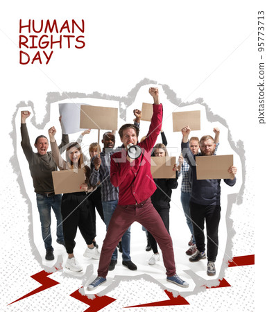 Conceptual collage with young people on strike or meeting, social gathering about human rights, right to choice, health and freedom. Contemporary art. 95773713