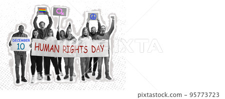 Conceptual collage with young people on strike or meeting, social gathering about human rights, right to choice, health and freedom. Contemporary art. 95773723