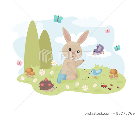 Rabbit with birds. Cute summer illustration with a cartoon hare feeding birds. Summer meadow with butterflies and hedgehog. Vector illustration Rabbit with birds. Cute summer illustration with a cartoon hare feeding birds. Summer meadow with butterflies and hedgehog. Vector illustration 95773769