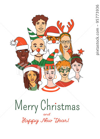 Christmas New Year Party. Young, middle age, senior women men children greeting card . 95773936